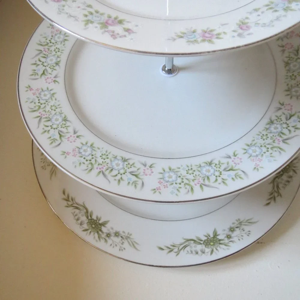 Dessert Stand Pastry Tiered Cupcake Holder Vintage Plates China Wedding Upcycled - Picture 3 of 7